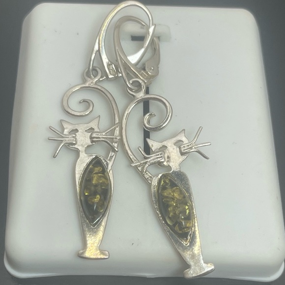 Silver Cat Earrings with Amber Accents - Picture 1 of 4